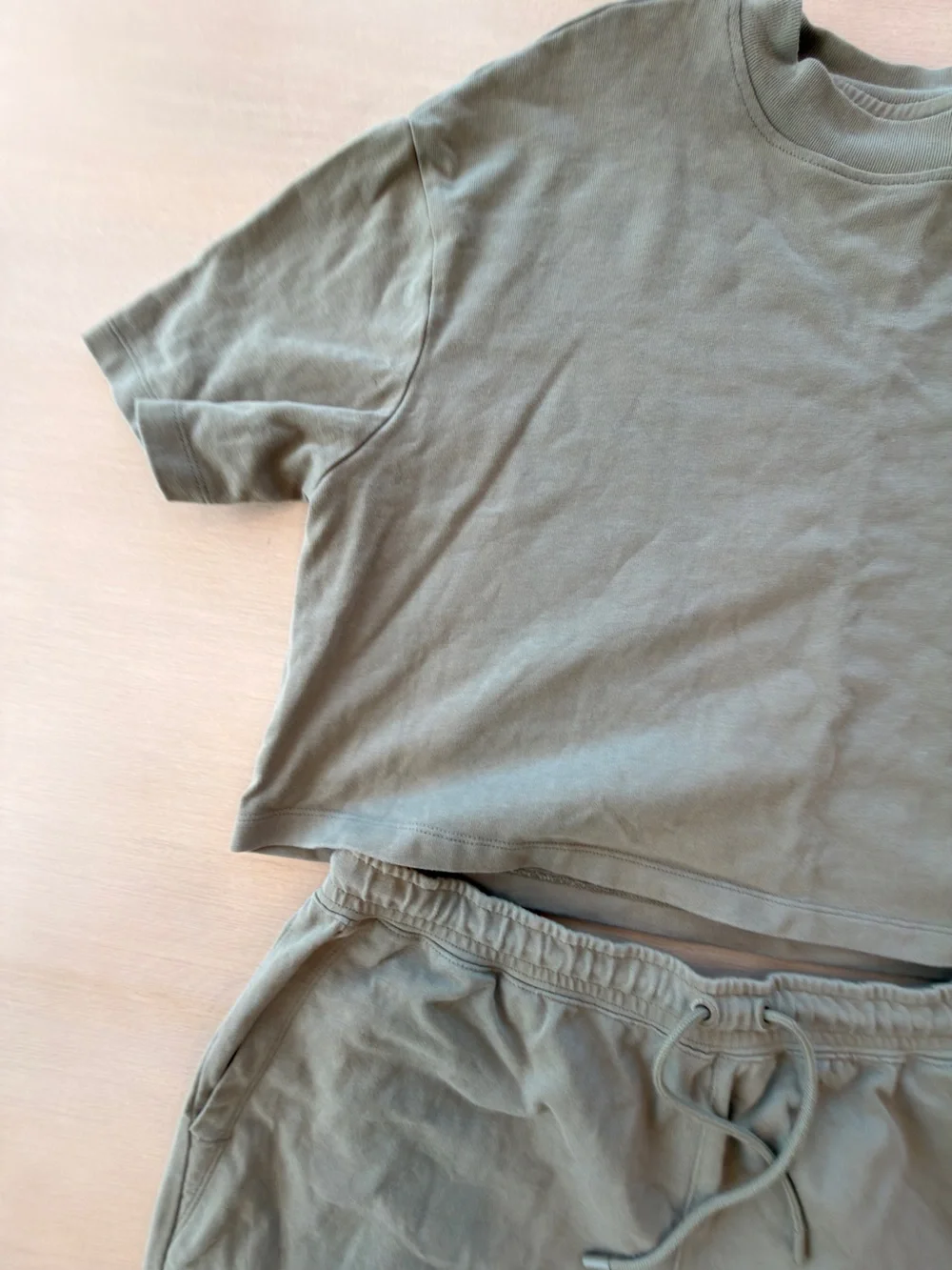 Nike Women’s Olive Green Crop Tee (Medium) & Drawstring Shorts (Large) Set